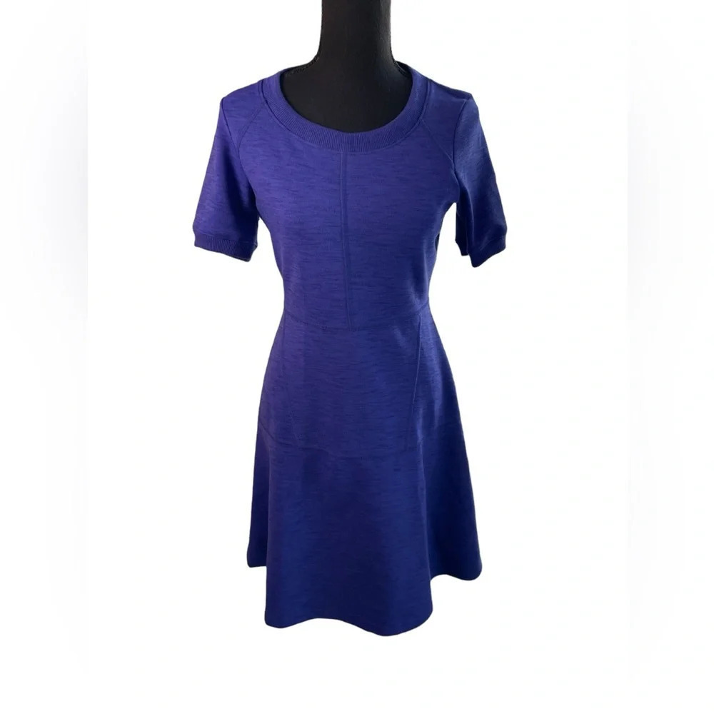 Athleta En Route Fit-and-Flare Ponte Knit Short Sleeve Dress Blue